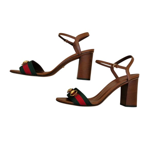 Gucci Vintage Horsebit Web Stripe Brown Leather Sandals Block Heels 9.5 39.5 - Picture 6 of 12